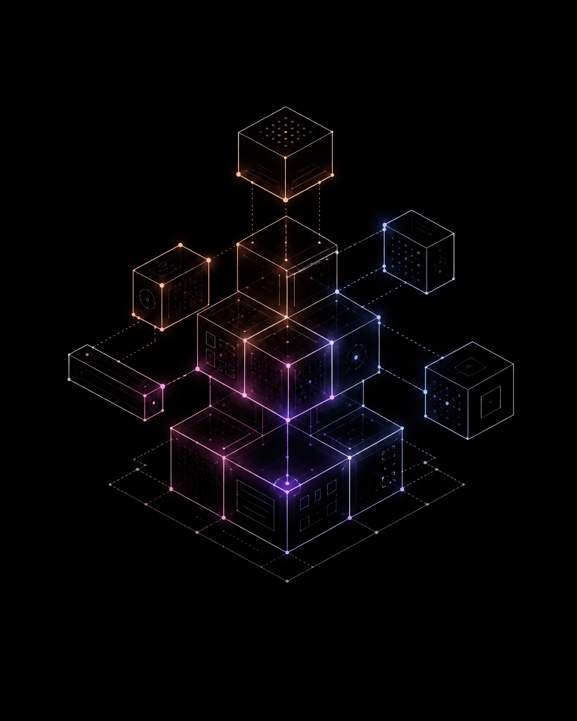 Isometric cubes assembling into a layered system architecture — visual metaphor for build
