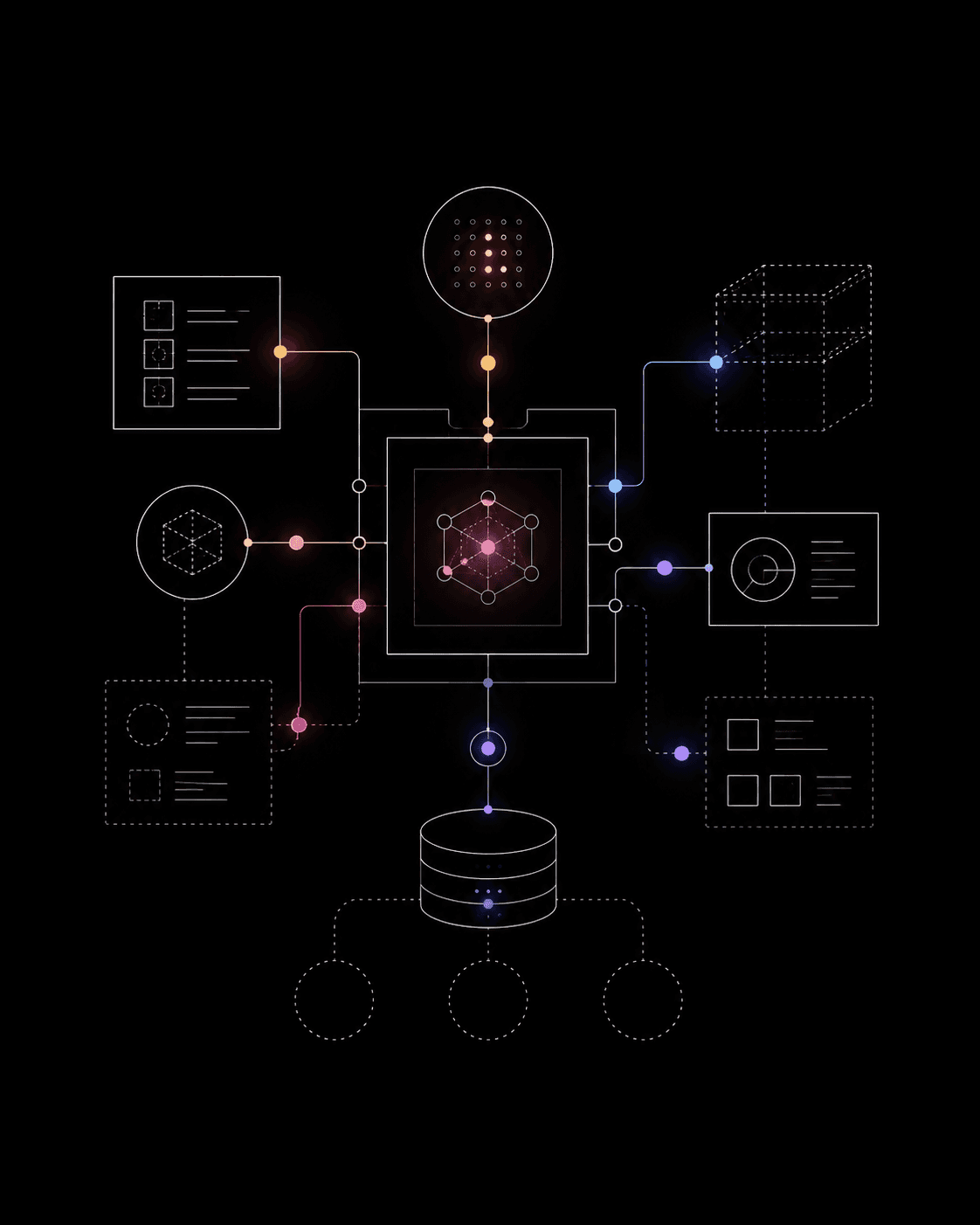 System blueprint showing connected modules, dashboards, and a database — visual metaphor for design