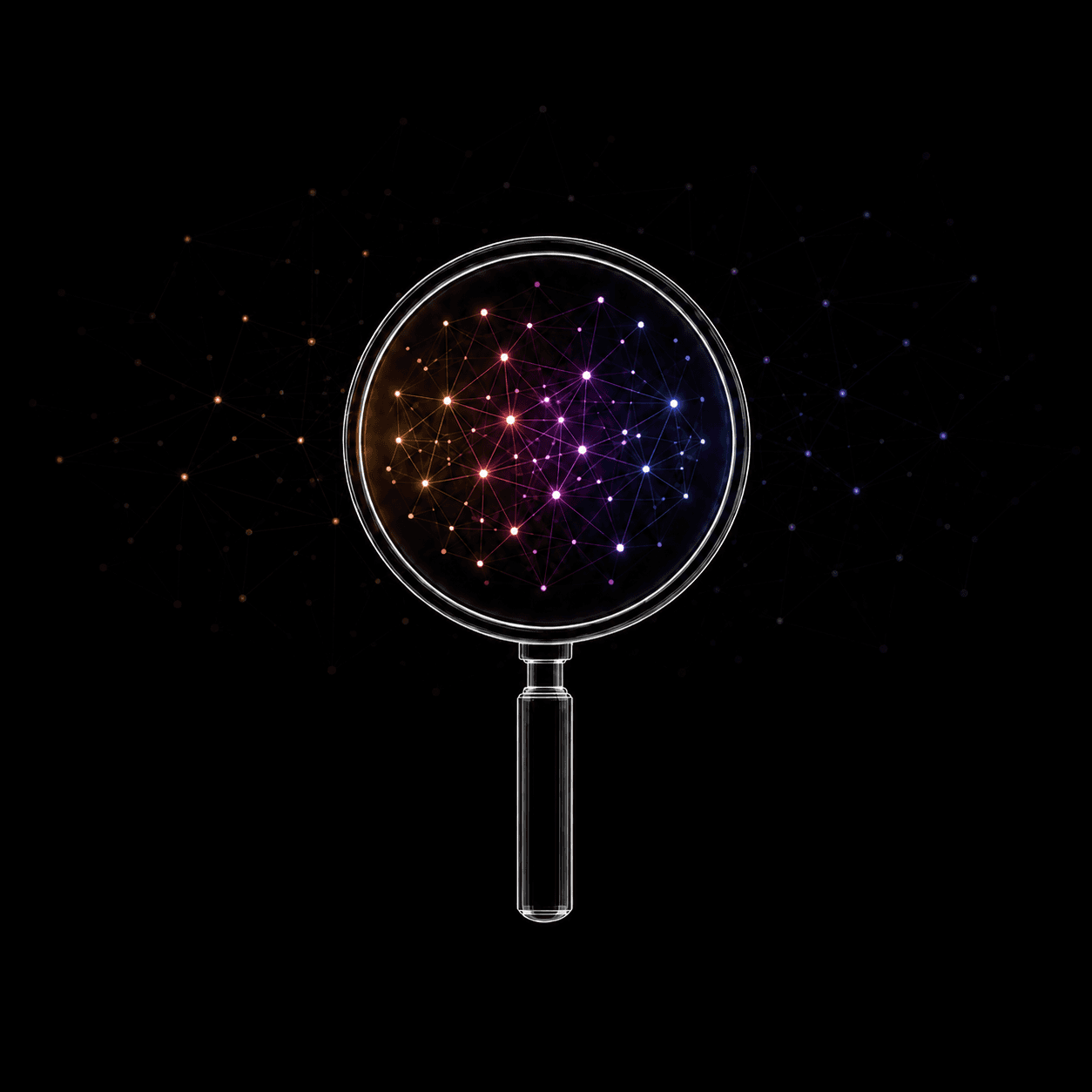 Magnifying glass examining a glowing network of nodes — visual metaphor for discovery