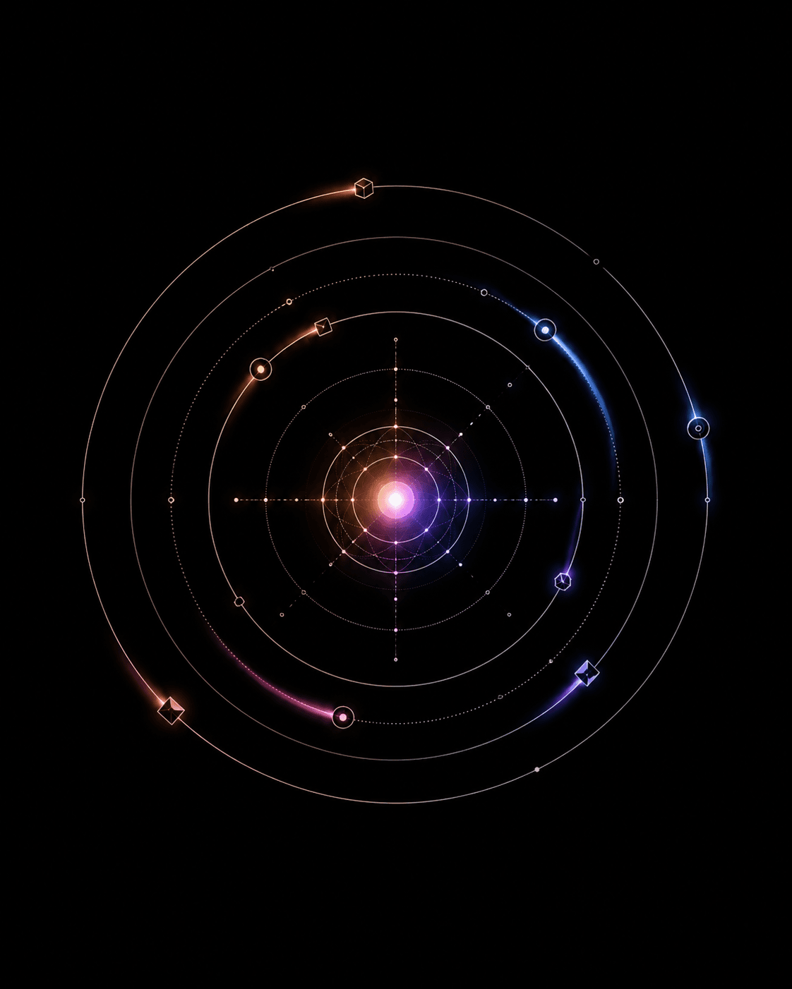 Orbital system with satellites tracing concentric paths around a glowing core — visual metaphor for ongoing operations