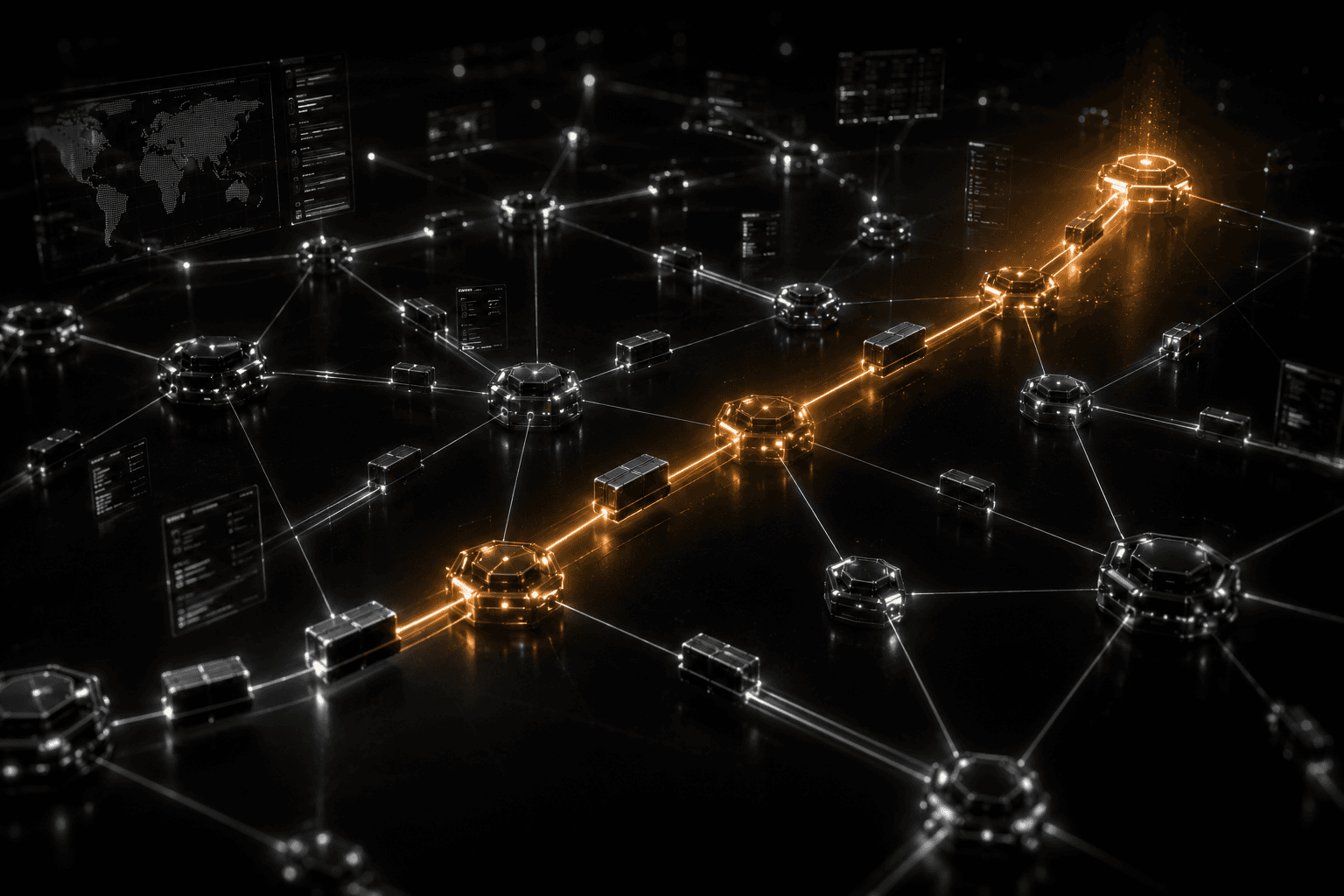 AI for Logistics & Supply Chain — shipments, routes, and inventory signals routed into a unified network